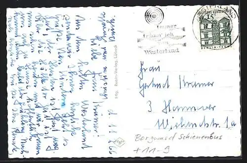 AK Westerland /Sylt, Borgward Schienenbus, Friedrichstrasse, Strandstrasse