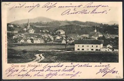 Lithographie Miesbach, Ortspartie mit Kirche