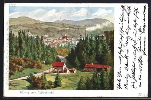 Künstler-AK Miesbach, Landschaftsbild mit dem Ort