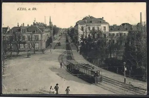 AK Kehl a. Rh., Blick auf die Ortschaft mit Strassenbahn