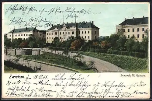 Lithographie Zwickau, Kaserne des 133. Regiments