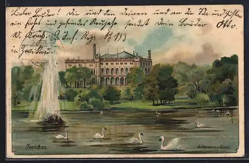 Lithographie Zwickau / Sachsen, Schwanenschloss mit Schwäne und Fontaine