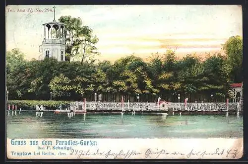 AK Berlin-Treptow, Gasthaus Paradies-Garten, Aussichtsturm