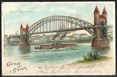 Lithographie Bonn, Neue Rheinbrücke mit Dampfer
