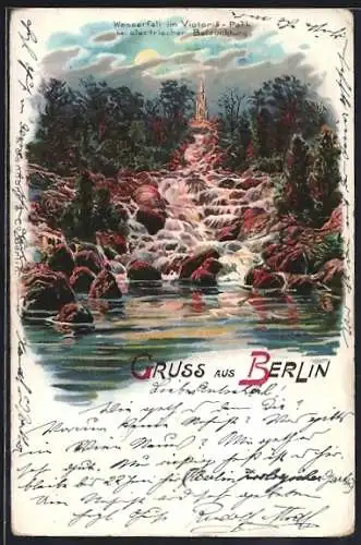 Lithographie Berlin-Kreuzberg, Wasserfall im Victoria-Park bei elektrischer Beleuchtung