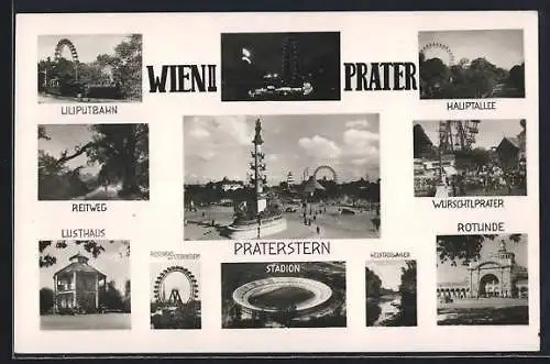 AK Wiener Prater, Hauptallee, Rotunde, Stadion, Lusthaus, Wurschtlprater