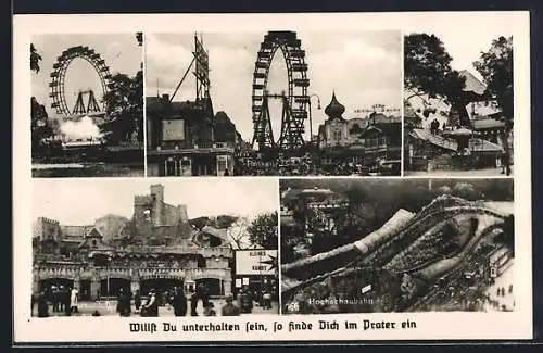 AK Wien, Motive aus dem Prater, Riesenrad, Hochschaubahn, Geisterschloss