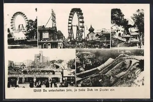 AK Wien, Szenen vom Prater, Geisterschloss, Hochschaubahn, Riesenrad