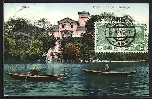 AK Wien, Prater, Konstantinshügel, Ruderpartie auf dem See