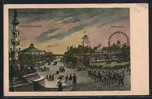 AK Wien, Praterstern mit Tegetthoffdenkmal und Riesenrad