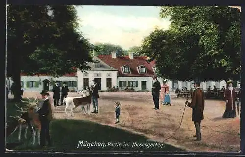 AK München, Gasthaus zum Hirschgarten, Gartenpartie mit Hirschen u. Gebäude