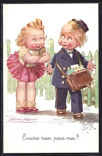 Künstler-AK Mauzan: Encore rien pur moi?, Frau fragt den Postboten etwas