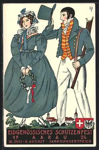 Künstler-AK Aarau, Eidg. Schützenfest 18.7.-5.8.1924, Jahrhundertfeier, Schütze zieht den Hut vor seiner Liebsten