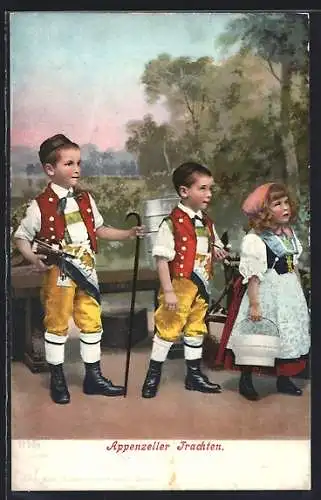 AK Zwei Knaben und ein Mädchen in Appenzeller Trachten