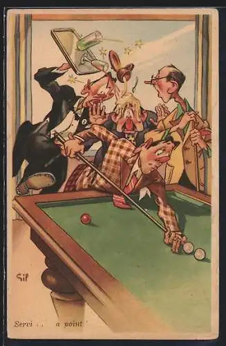 Künstler-AK Kellner kippt einem Billardspieler Cafe über den Kopf