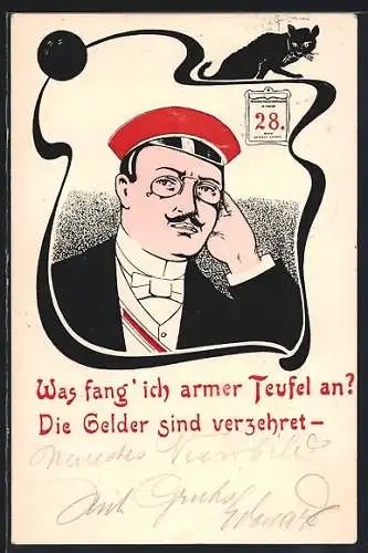 AK Burschenschafter mit Brille hat am 28. kein Geld mehr, Katze, studentische Szene