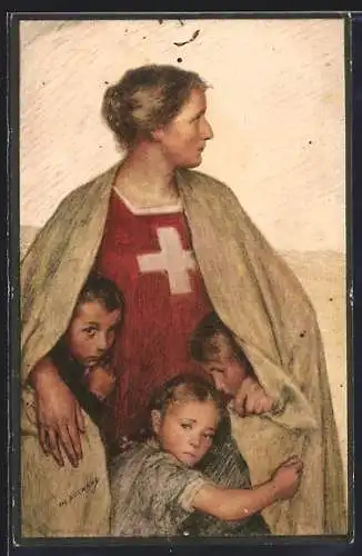 AK Henri Dunant, Schweizer Rotes Kreuz, Helvetia mit Kindern