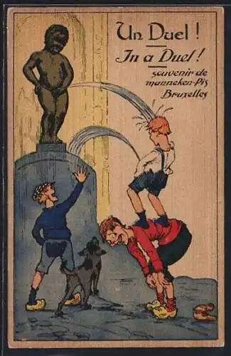 Künstler-AK Bruxxels, Mannekin Pis, In a Duel!