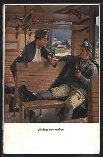 AK Zweibund Deutschland & Österreich-Ungarn, Soldaten im Gespräch, Inneres eines Eisenbahnwagon