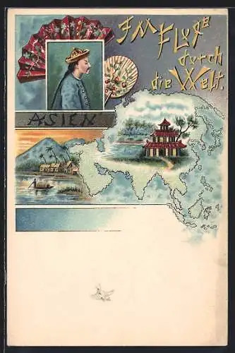 AK China, Im Fluge durch die Welt, Chinese in Landestracht, Tempel, kleines Fischerdorf