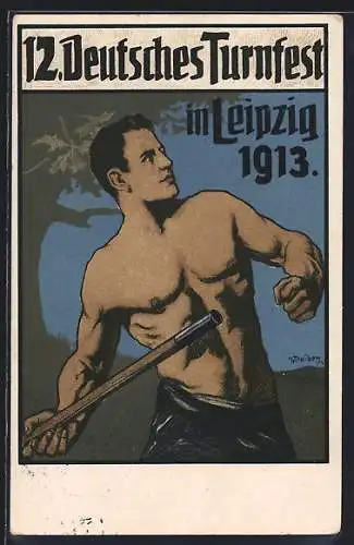 Künstler-AK Athlet beim Speerwurf - 12. Deutsches Turnfest in Leipzig 1913