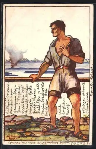 Künstler-AK Schweizer Bundesfeier 1924, Mann schaut z. Bergen Wert 10 Rp