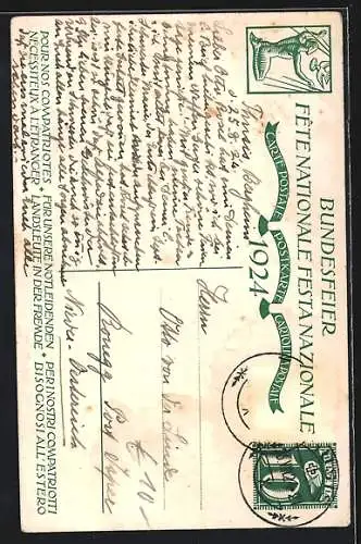Künstler-AK Schweizer Bundesfeier 1924, Mann schaut z. Bergen Wert 10 Rp