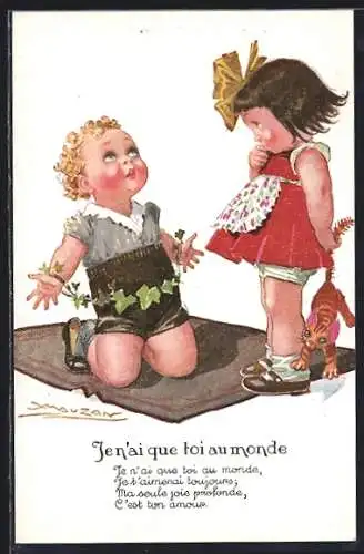 Künstler-AK Mauzan: Je n`ai que toi au monde, Junge Kniet vor Mädchen mit Spieltier