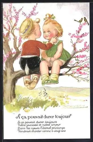 Künstler-AK Mauzan: Kleines Liebespaar auf einem blühenden Baum