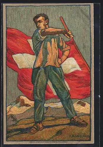 Künstler-AK Schweizer Bundesfeier 1912, Mann mit Flagge im Gebirge