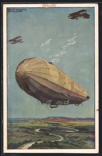 Künstler-AK Hans Rudolf Schulze: Zeppelin Hansa im Kampf mit feindlichen Doppeldecker-Flugzeugen