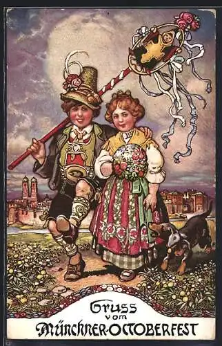 AK München, Oktoberfest, Trachtenpaar, Festlanze mit Münchener Kindl