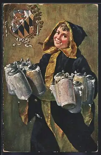 Künstler-AK Münchner Kindl mit Bierkrügen, Wappen