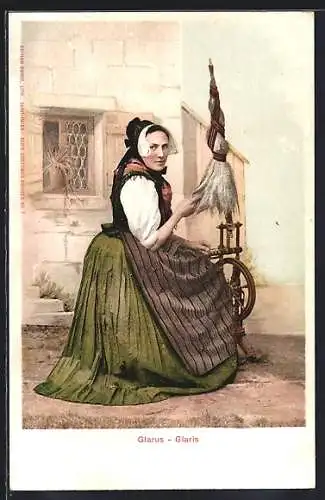 Lithographie Schweiz, Glarus - Glaris, Frau bei der Arbeit am Spinnrad