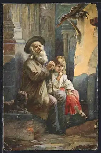 Künstler-AK Blinder Mann mit Hund neben Mädchen