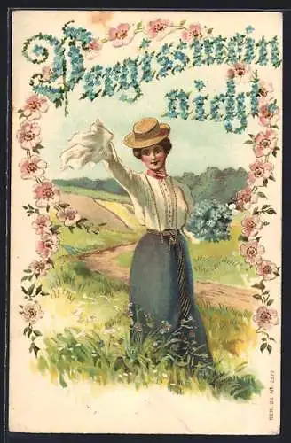 AK Frau mit Hut auf eine Wiese, Vergissmeinnicht