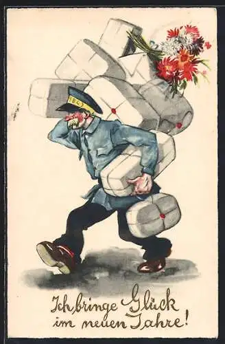 Künstler-AK Page mit Paketen und Blumen beladen