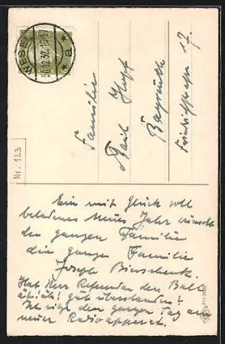 Künstler-AK Page mit Paketen und Blumen beladen