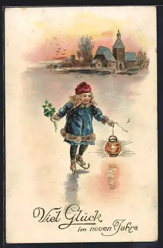 AK ein Mädchen läuft mit einem Lampion u. Kleeblättern Schlittschuh, Neujahr