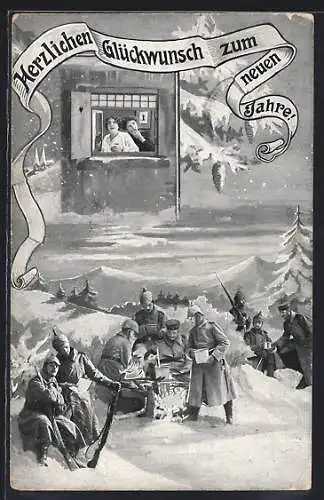 AK Soldaten im verschneiten Feld feiern Neujahr