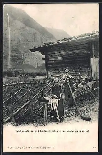 AK Schweiz, Alphornbläser und Spitzenklöpplerin im Lauterbrunnenthal