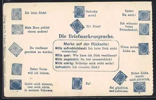 AK Briefmarkensprache, Ich liebe Dich!, Ein Kuss!, Ja!
