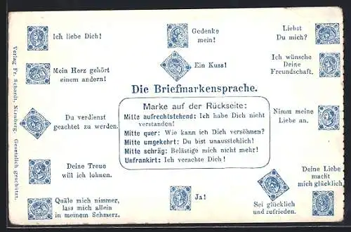 AK Briefmarkensprache, Ich liebe Dich!, Ein Kuss!, Ja!