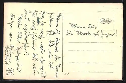 AK Briefmarkensprache, versch. Briefmarken, Liebespaar, Herz