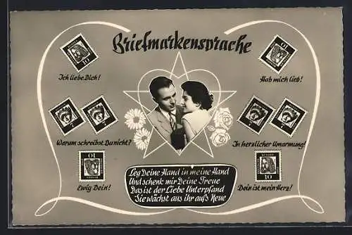 AK Briefmarkensprache, Liebespaar im Herz