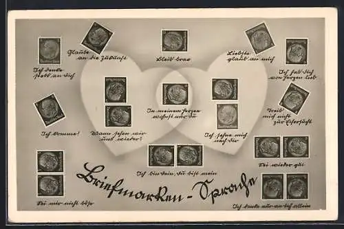 AK Briefmarkensprache für Verliebte, Wann sehen wir uns wieder?, Herzen