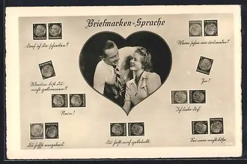 AK Briefmarkensprache, Liebespaar, Herz