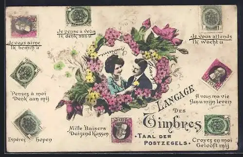 AK Langage des Timbres, Briefmarkensprache, Liebespaar im Blumenkranz