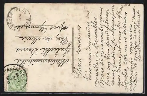 AK Langage des Timbres, Briefmarkensprache, Liebespaar im Blumenkranz