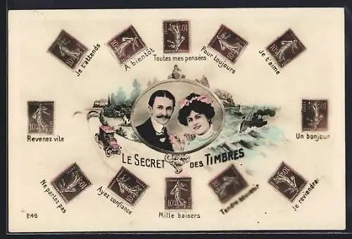 AK Het Geheim der Postzegel, Briefmarkensprache, Collage